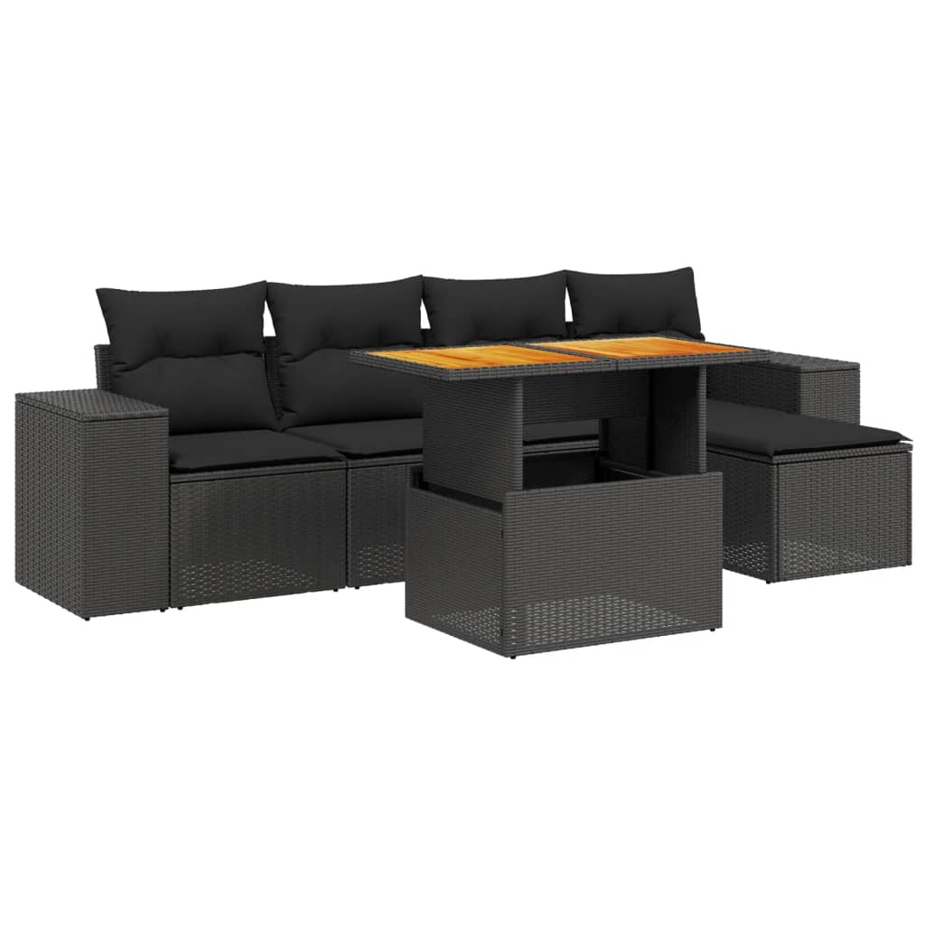 Set mobilier de grădină cu perne, 6 piese, negru, poliratan