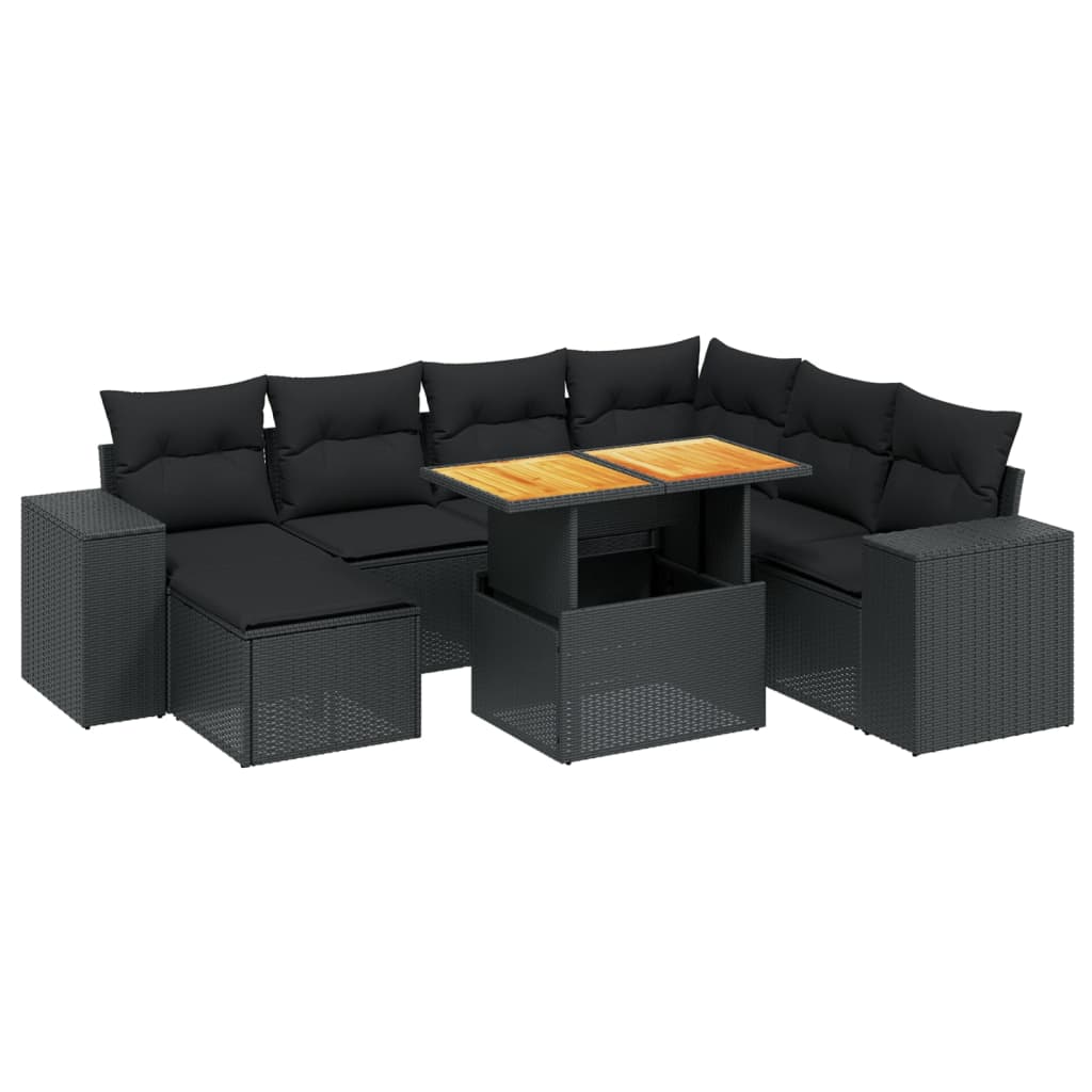 Set mobilier de grădină cu perne, 8 piese, negru, poliratan