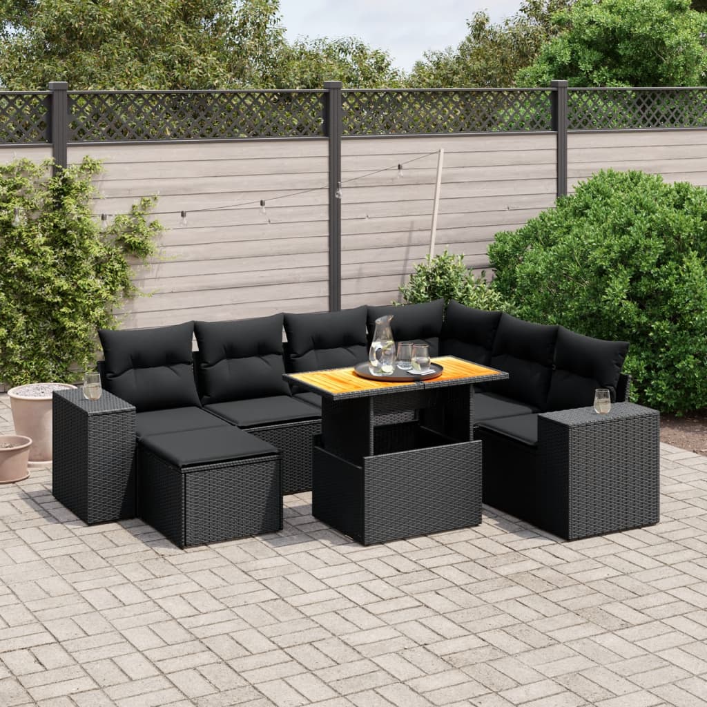 Set mobilier de grădină cu perne, 8 piese, negru, poliratan