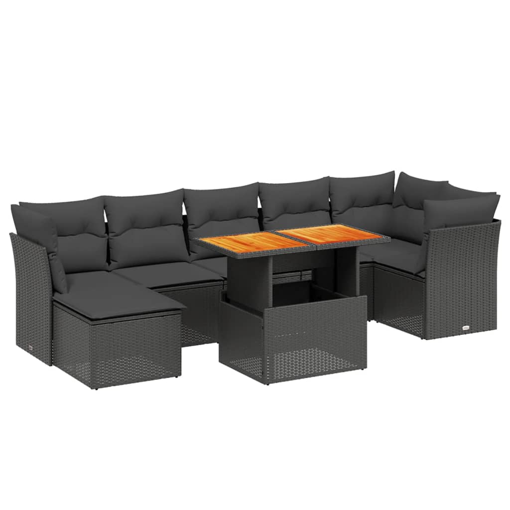 Set mobilier de grădină cu perne, 8 piese, negru, poliratan