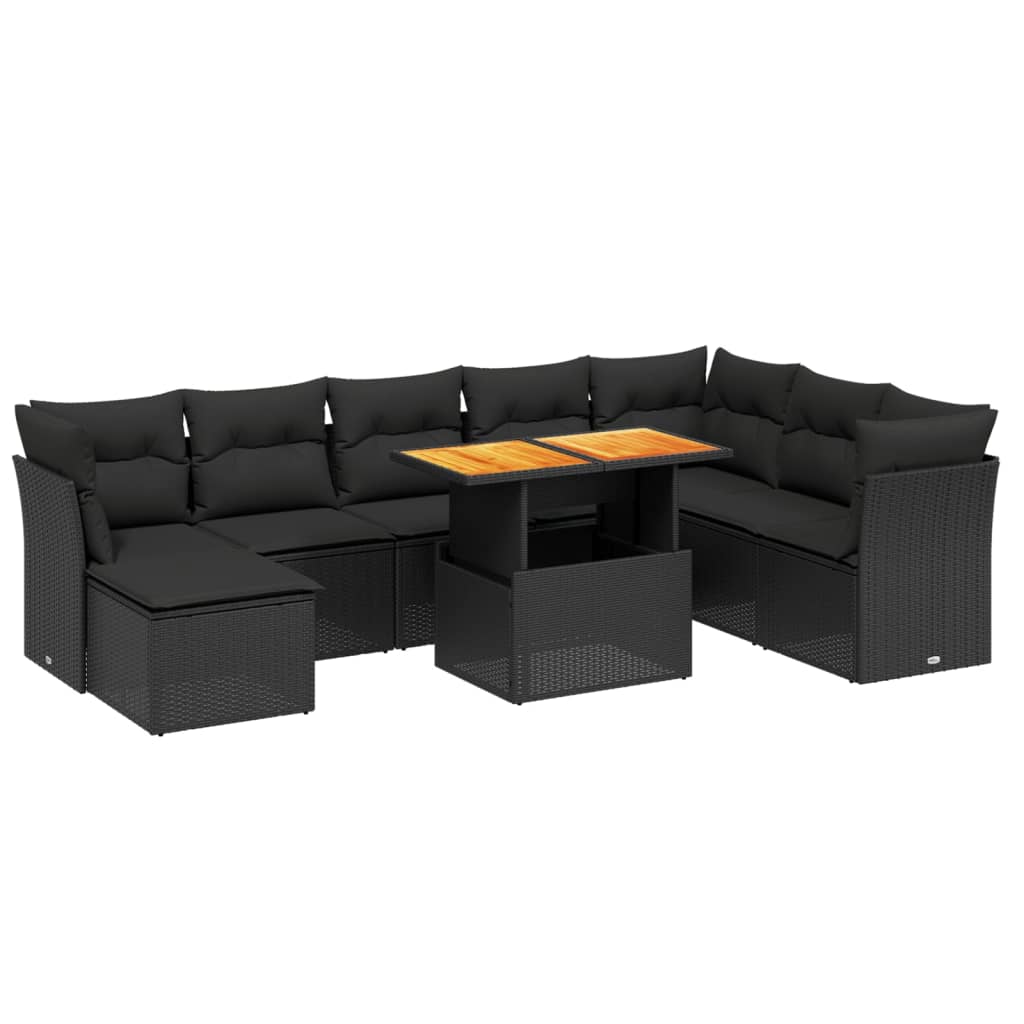 Set mobilier de grădină cu perne, 9 piese, negru, poliratan