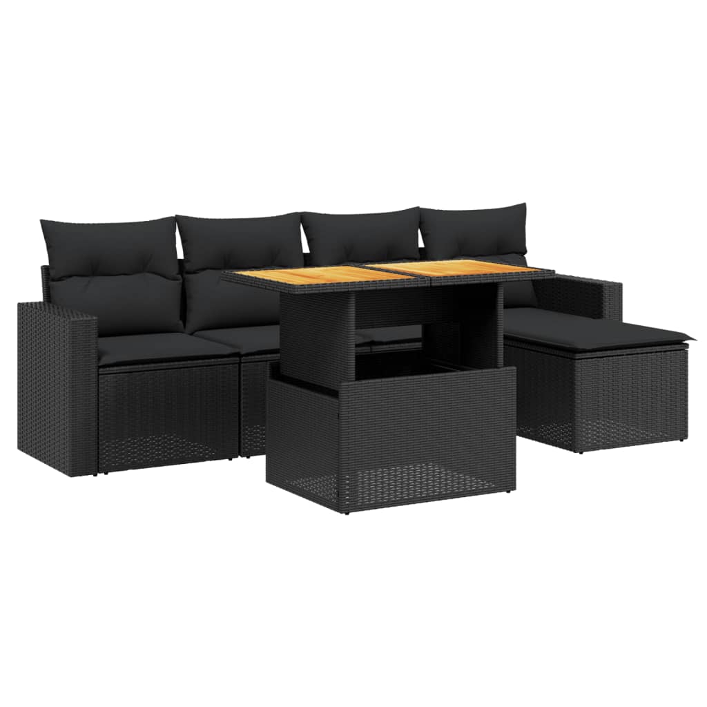 Set mobilier de grădină cu perne, 6 piese, negru, poliratan