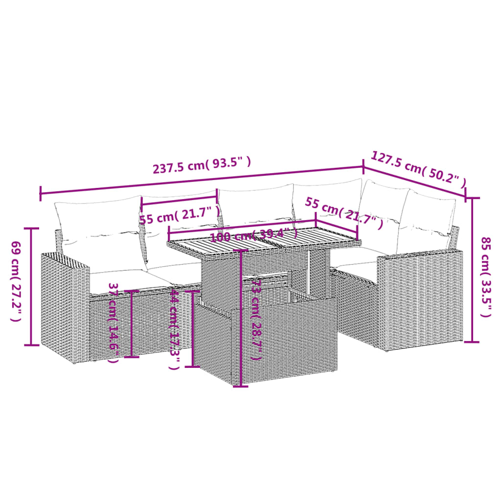 Set mobilier grădină cu perne, 6 piese, gri, poliratan