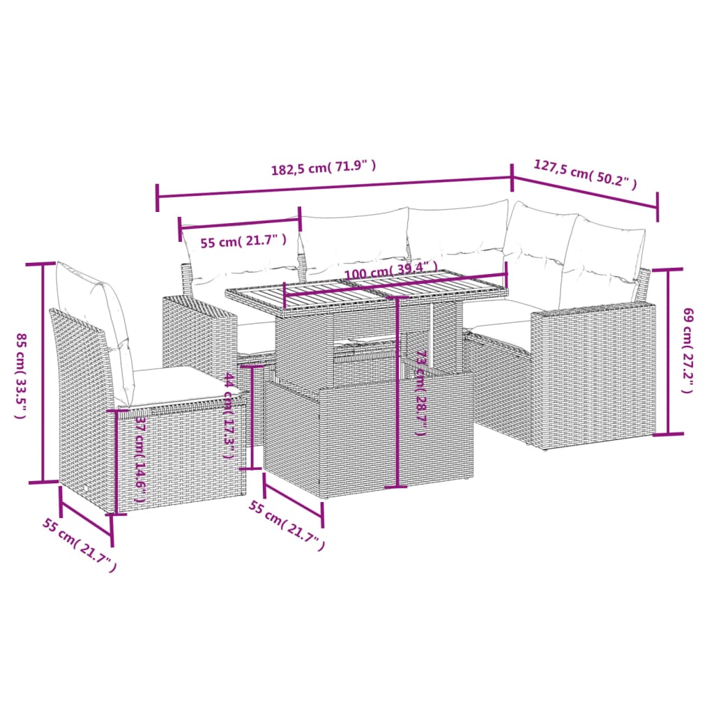 Set mobilier de grădină cu perne, 6 piese, negru, poliratan