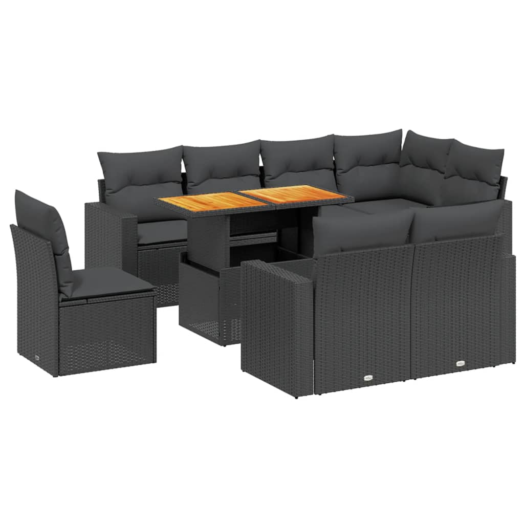 Set mobilier de grădină cu perne, 9 piese, negru, poliratan