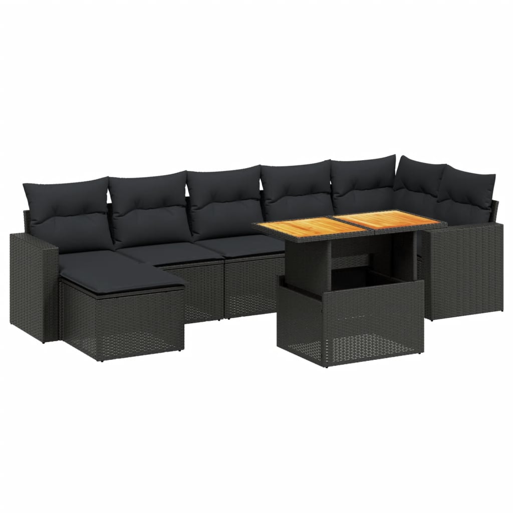 Set mobilier de grădină cu perne, 8 piese, negru, poliratan