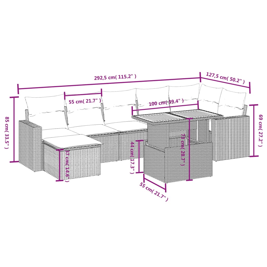 Set mobilier de grădină cu perne, 8 piese, negru, poliratan