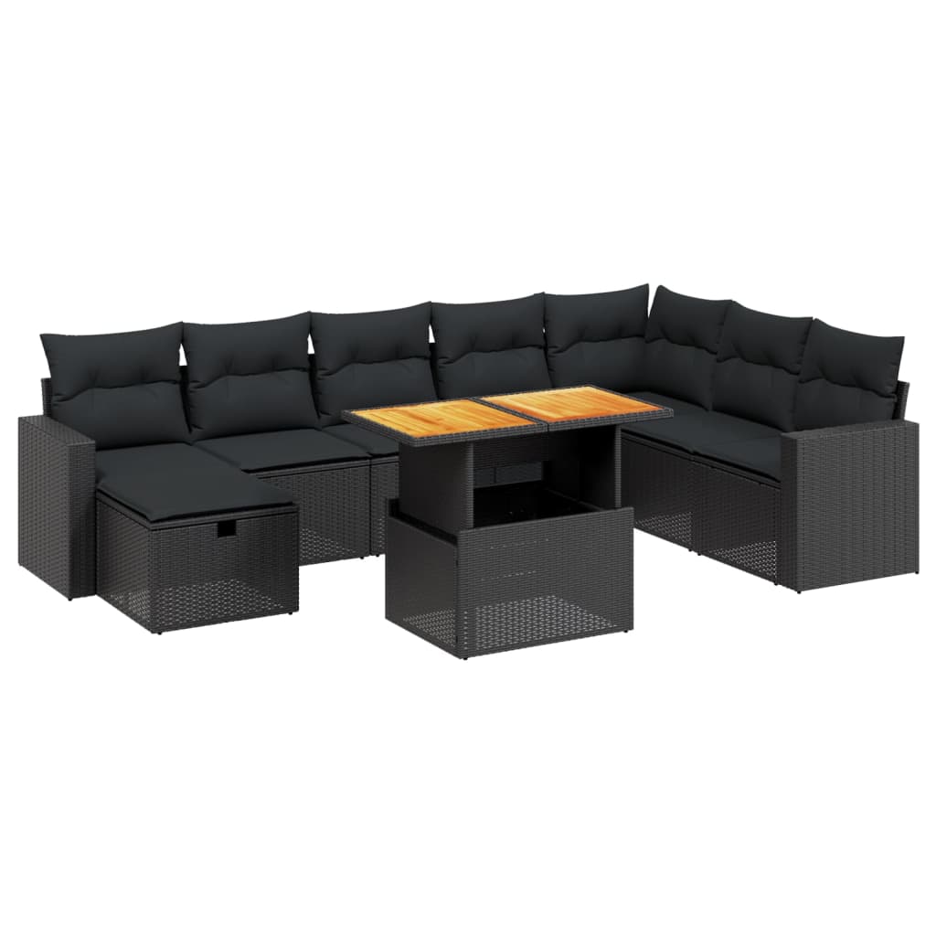 Set mobilier de grădină cu perne, 9 piese, negru, poliratan