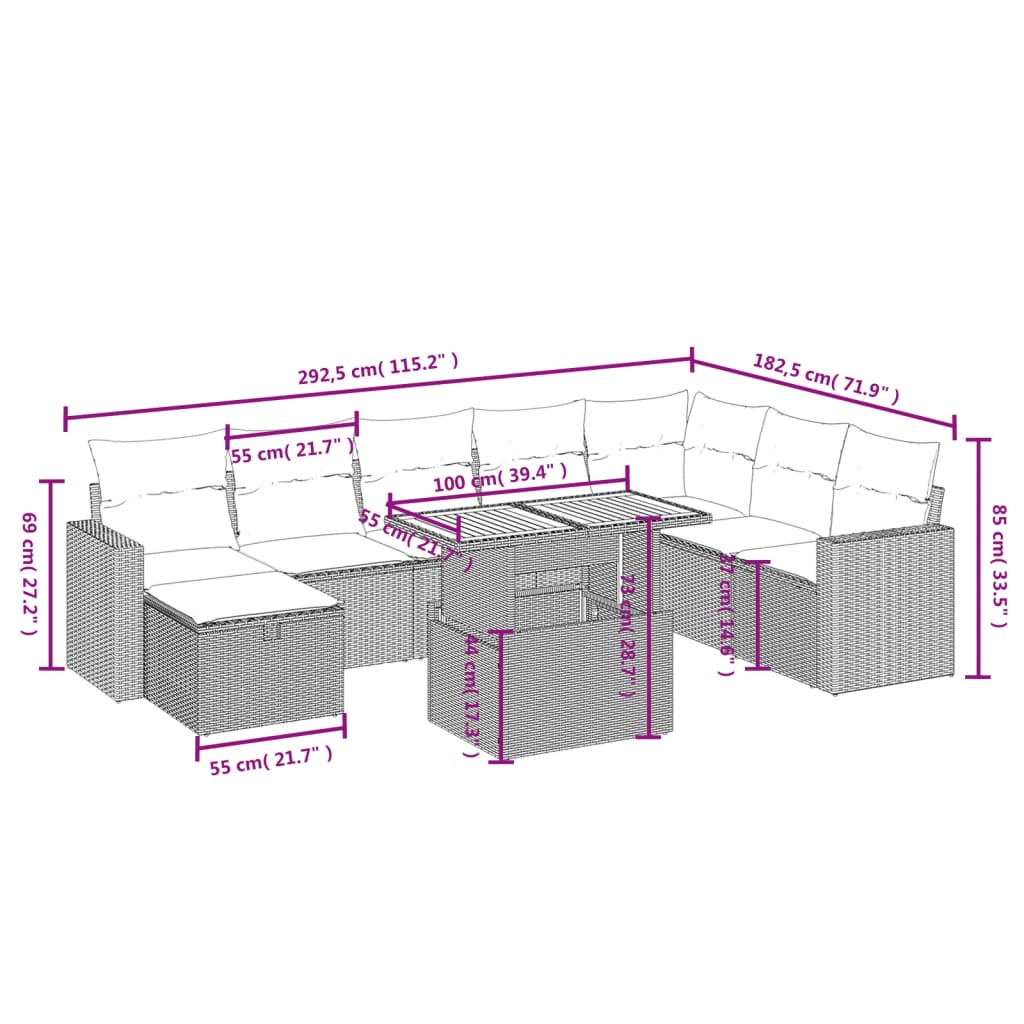 Set mobilier de grădină cu perne, 9 piese, negru, poliratan