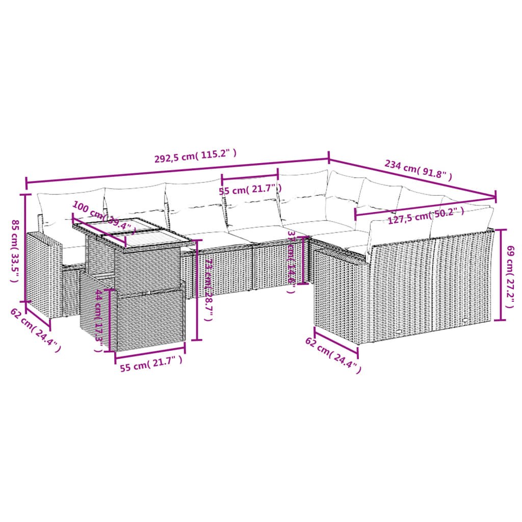 Set mobilier de grădină cu perne, 10 piese, gri, poliratan