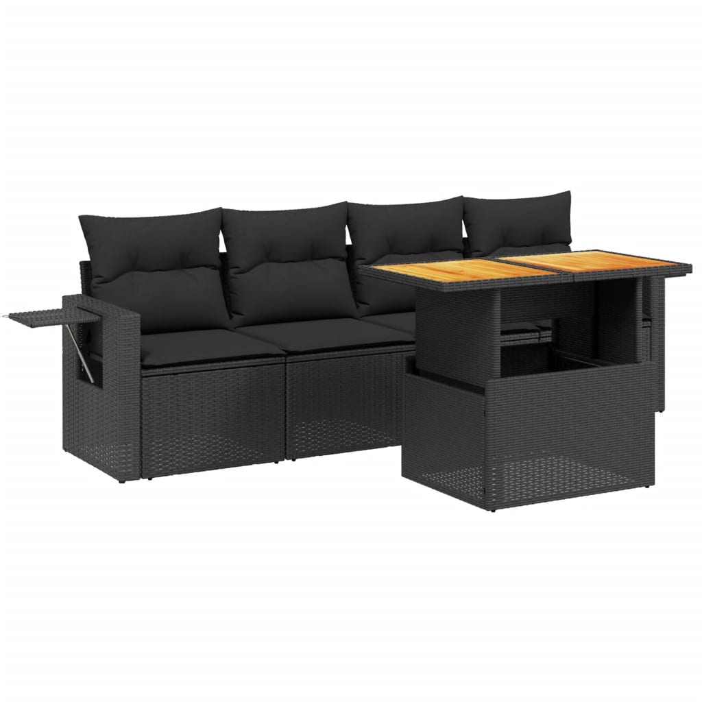 Set mobilier de grădină cu perne, 5 piese, negru, poliratan