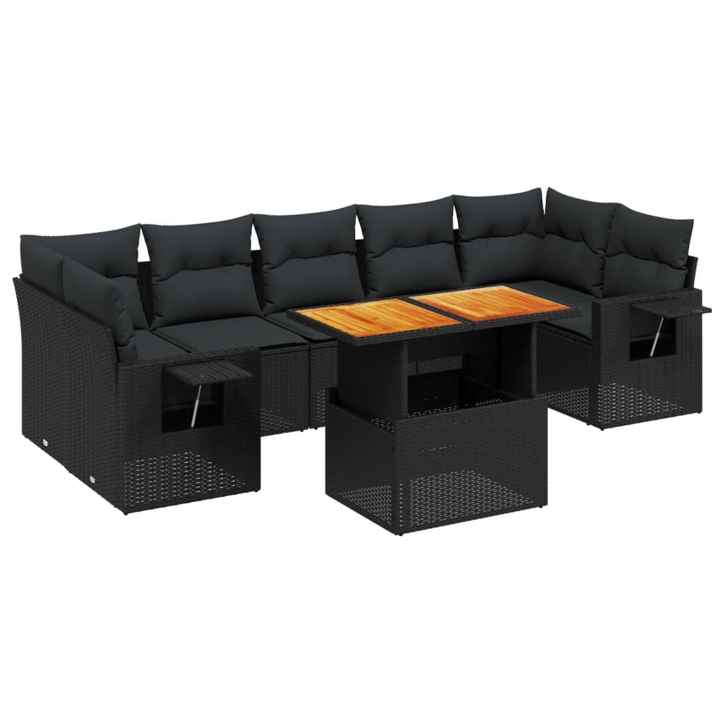 Set mobilier de grădină cu perne, 8 piese, negru, poliratan