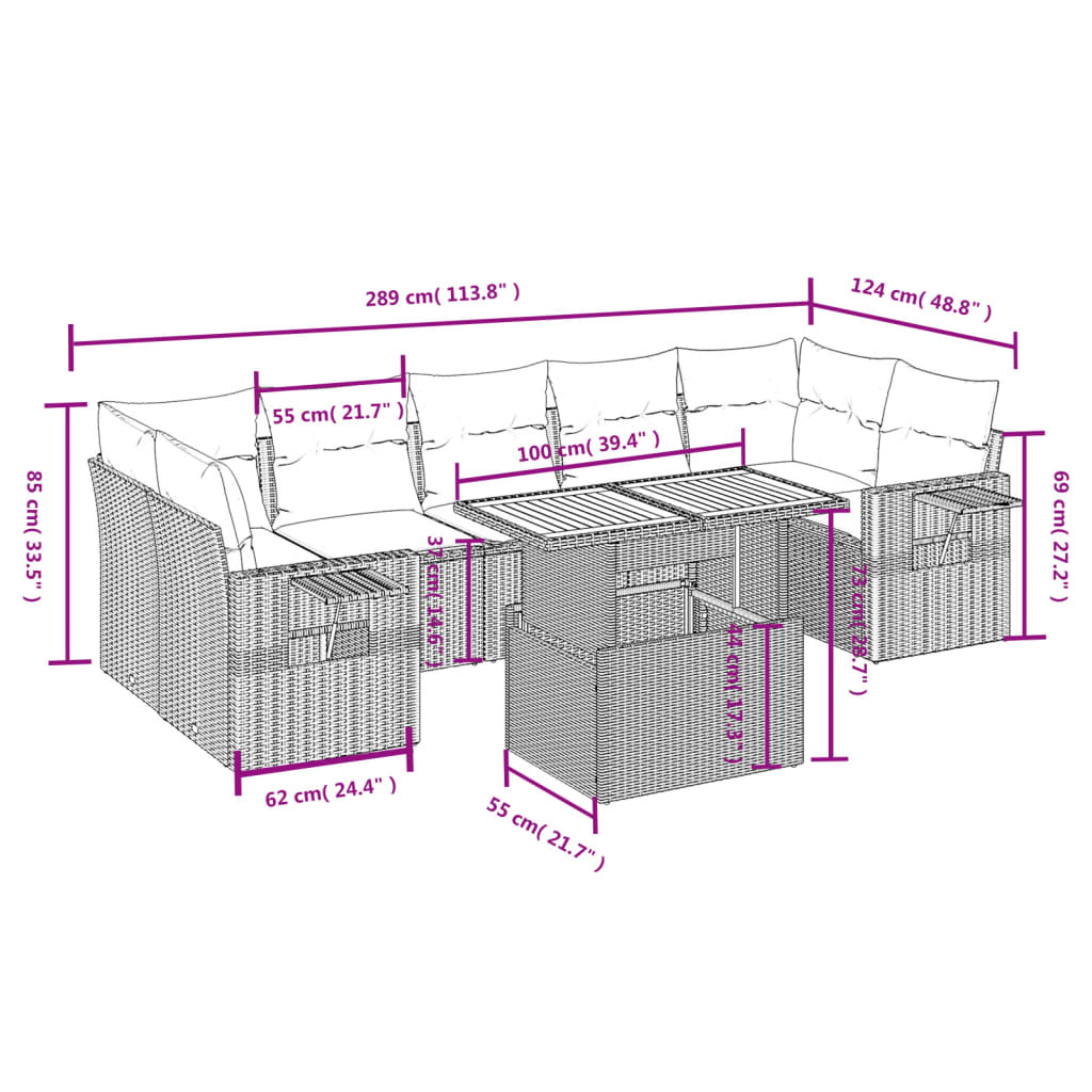 Set mobilier de grădină cu perne, 8 piese, negru, poliratan