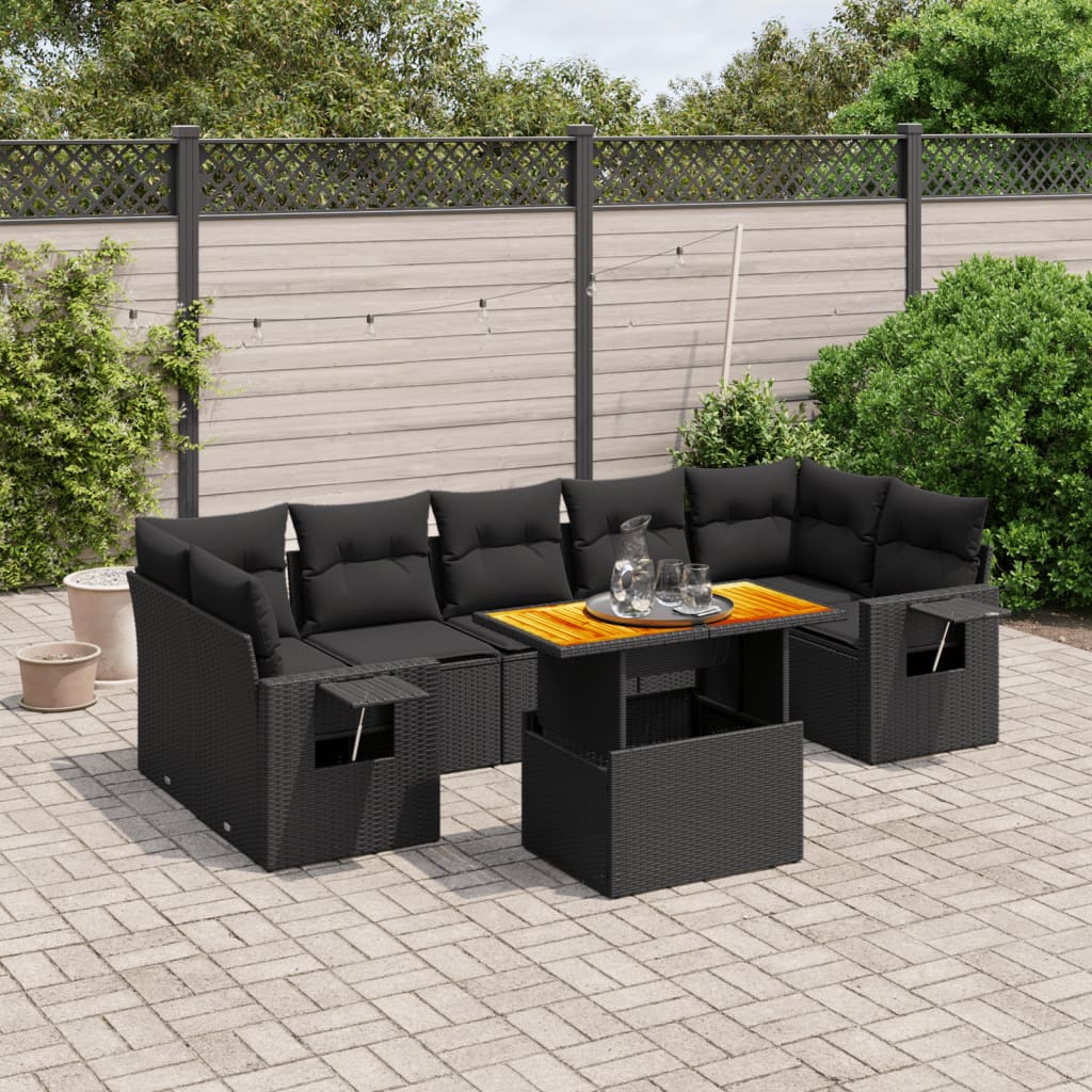 Set mobilier de grădină cu perne, 8 piese, negru, poliratan