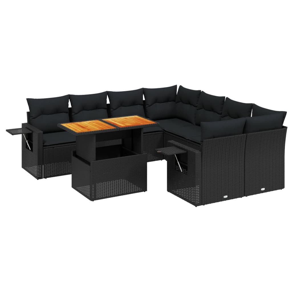 Set mobilier de grădină cu perne, 9 piese, negru, poliratan