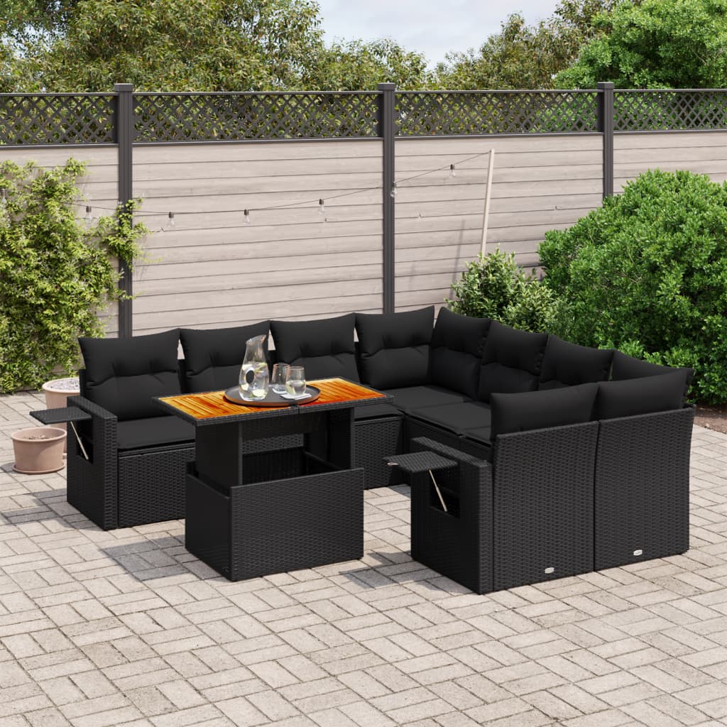 Set mobilier de grădină cu perne, 9 piese, negru, poliratan