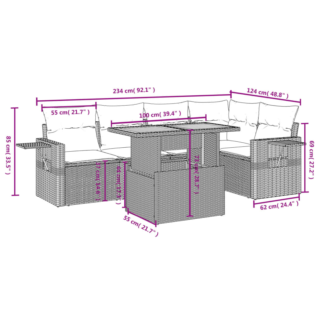 Set mobilier de grădină cu perne, 6 piese, negru, poliratan