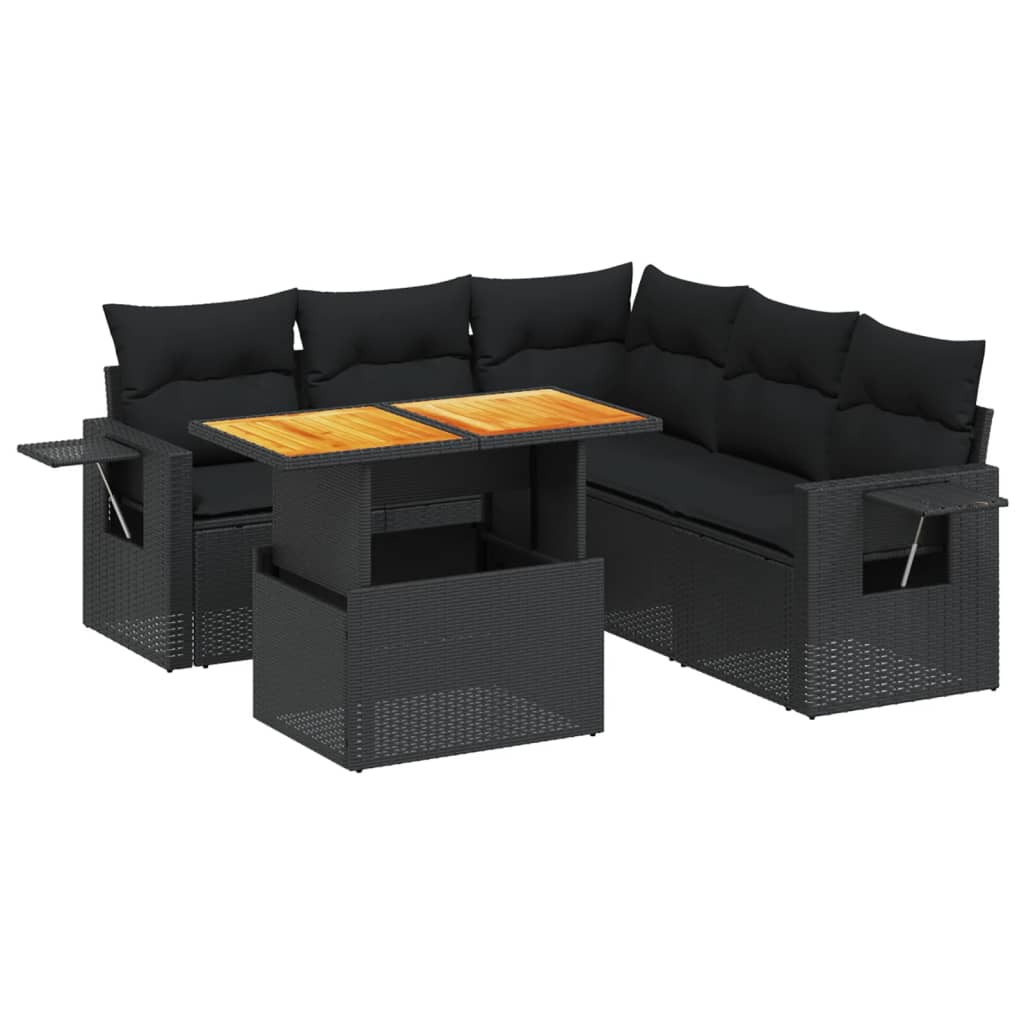 Set mobilier de grădină cu perne, 6 piese, negru, poliratan