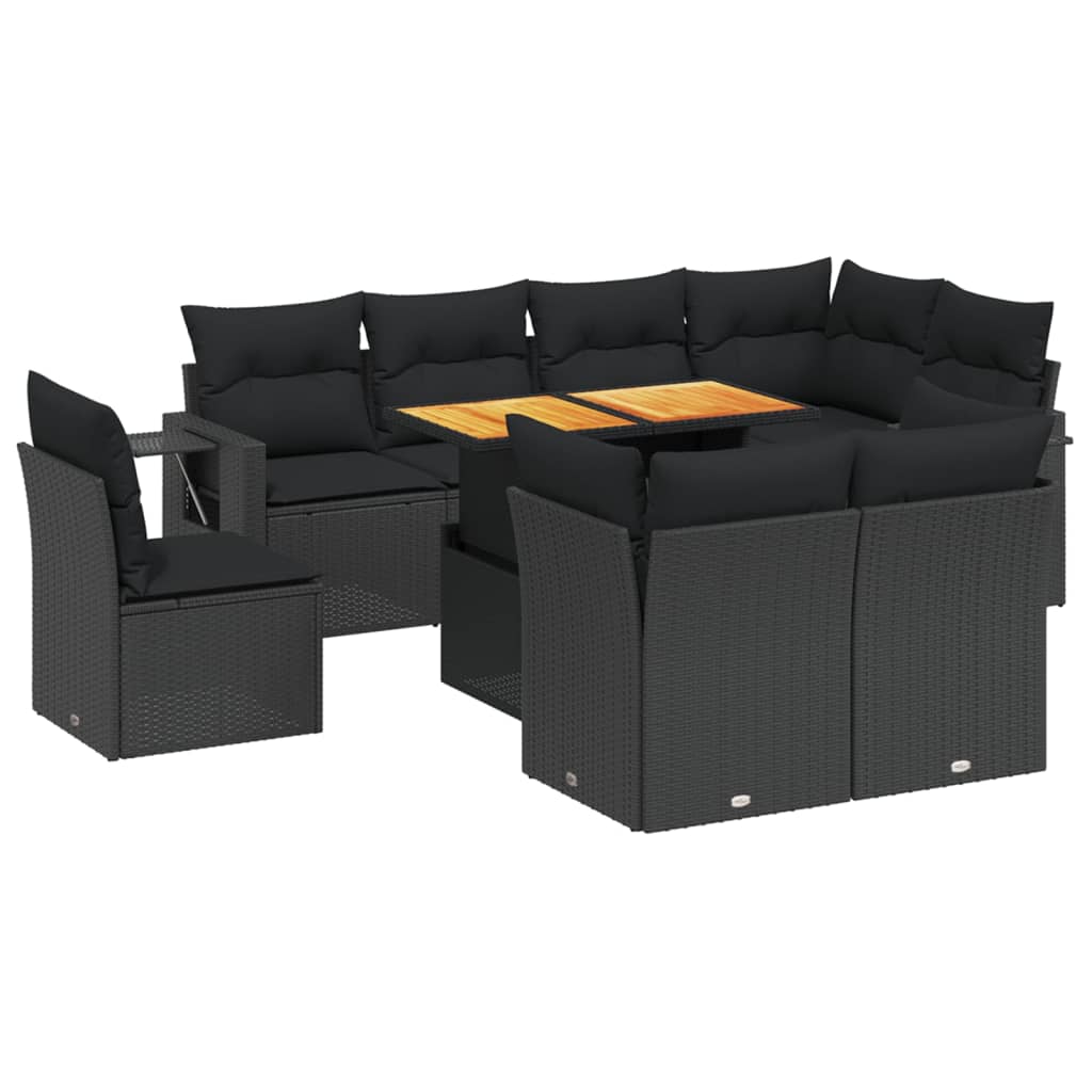 Set mobilier de grădină cu perne, 9 piese, negru, poliratan