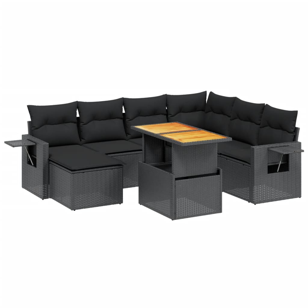 Set mobilier de grădină cu perne, 8 piese, negru, poliratan