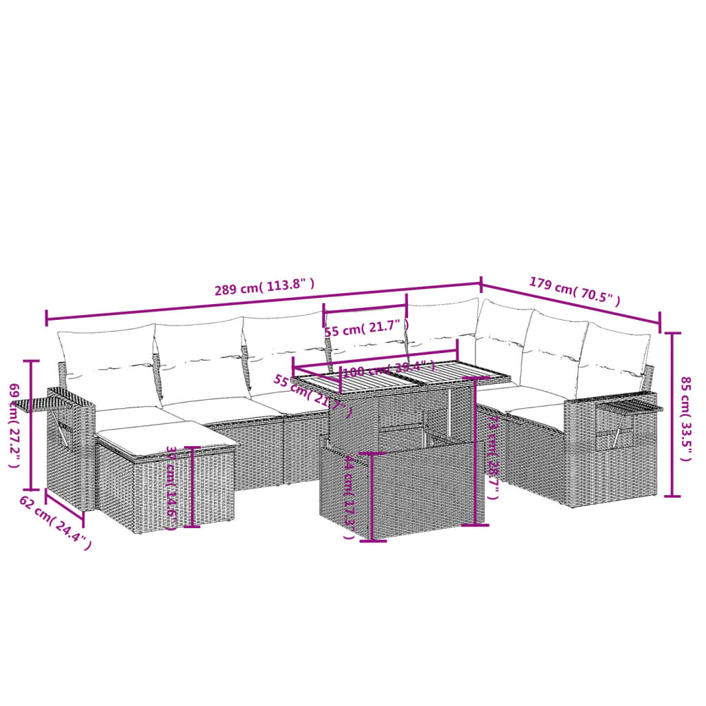 Set mobilier de grădină cu perne, 9 piese, negru, poliratan - Lando