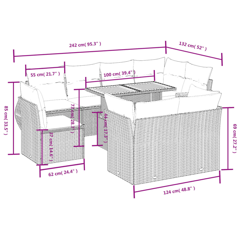 Set canapele de grădină, 9 piese, cu perne, bej, poliratan