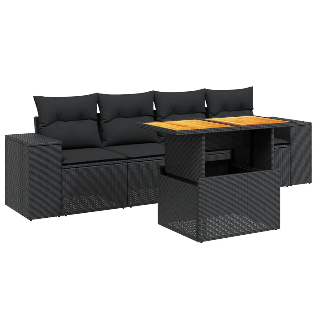 Set mobilier de grădină cu perne, 5 piese, negru, poliratan