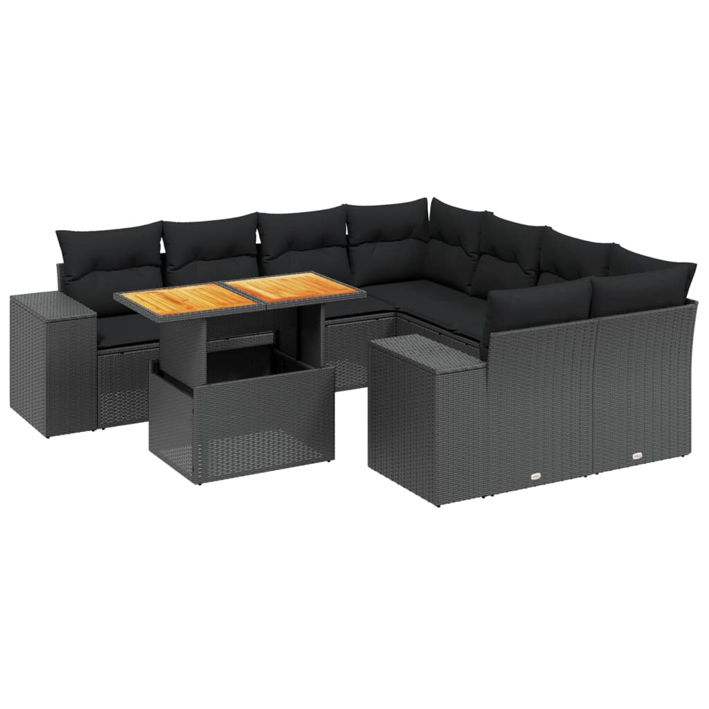 Set mobilier de grădină cu perne, 9 piese, negru, poliratan