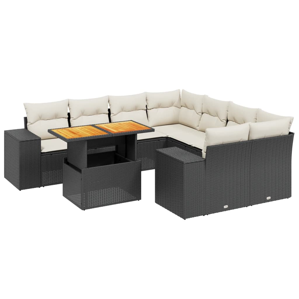 Set mobilier de grădină cu perne, 9 piese, negru, poliratan