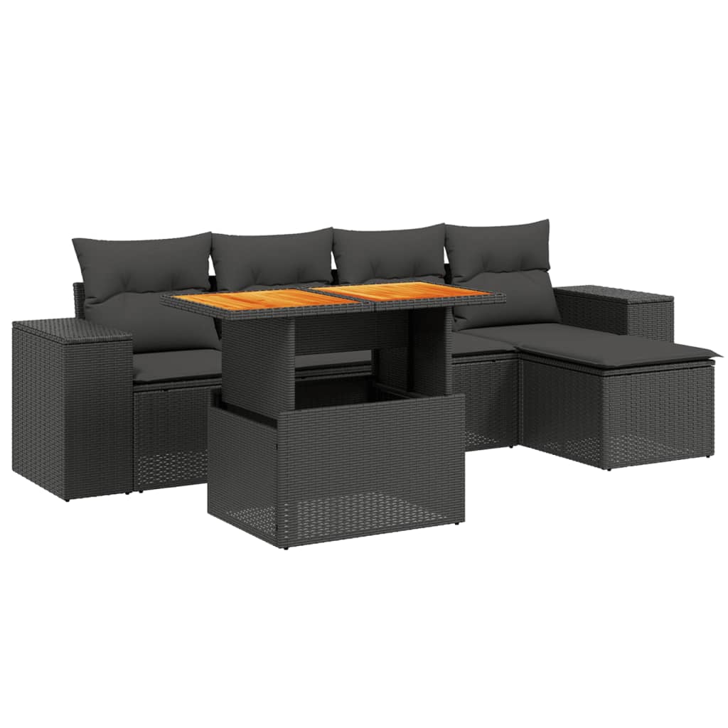 Set mobilier de grădină cu perne, 6 piese, negru, poliratan