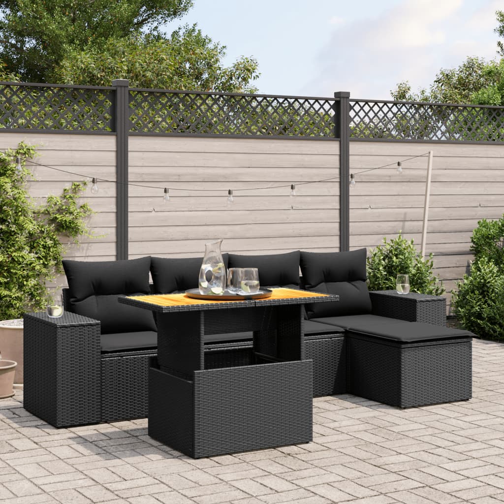 Set mobilier de grădină cu perne, 6 piese, negru, poliratan