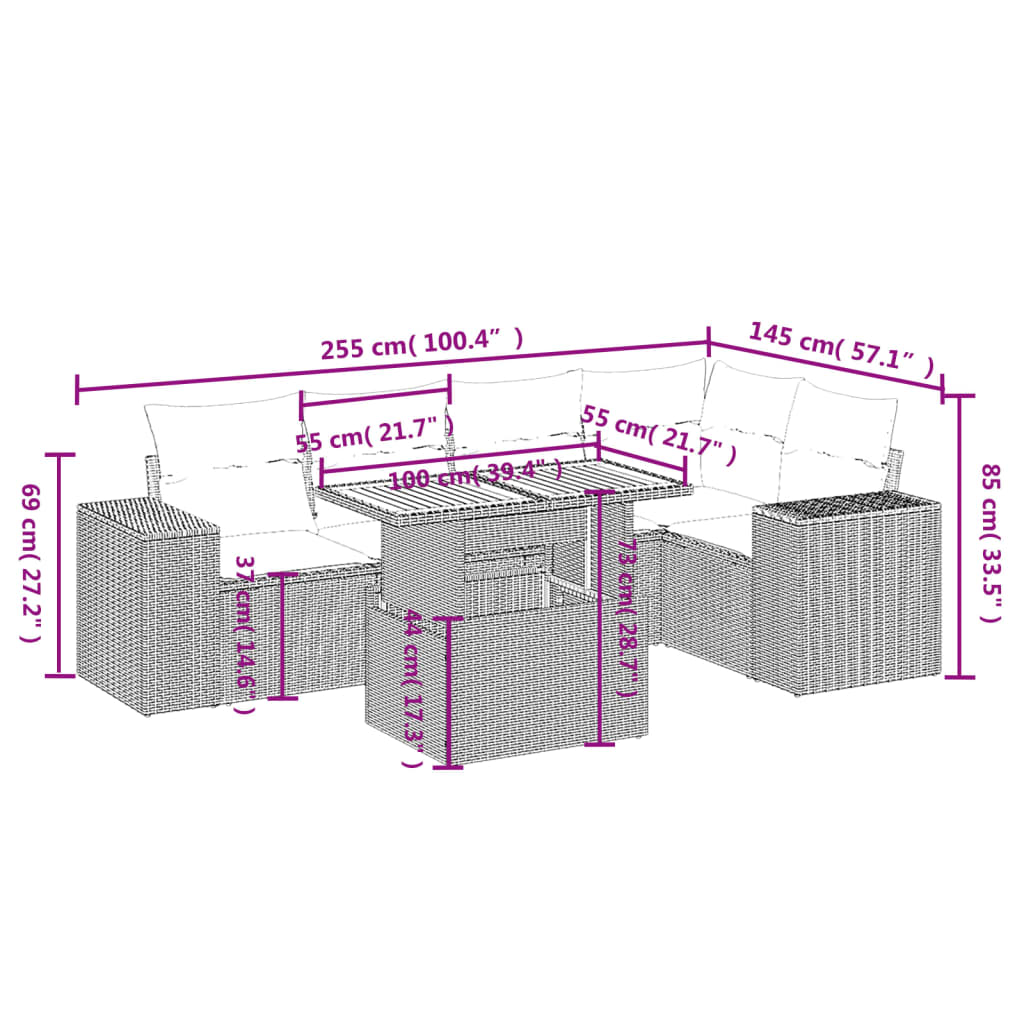 Set mobilier de grădină cu perne, 6 piese, negru, poliratan