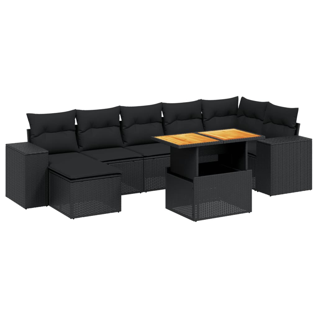 Set mobilier de grădină cu perne, 8 piese, negru, poliratan