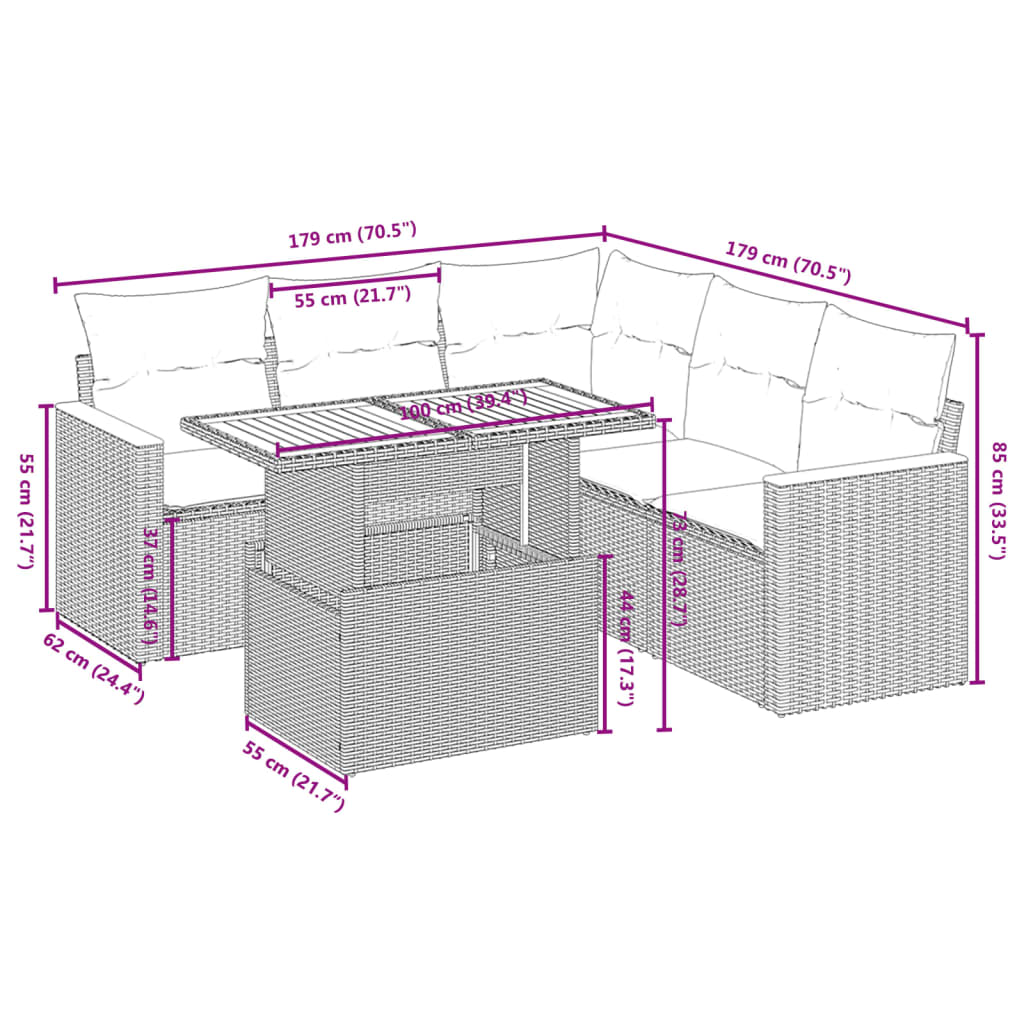 Set mobilier de grădină cu perne, 6 piese, negru, poliratan