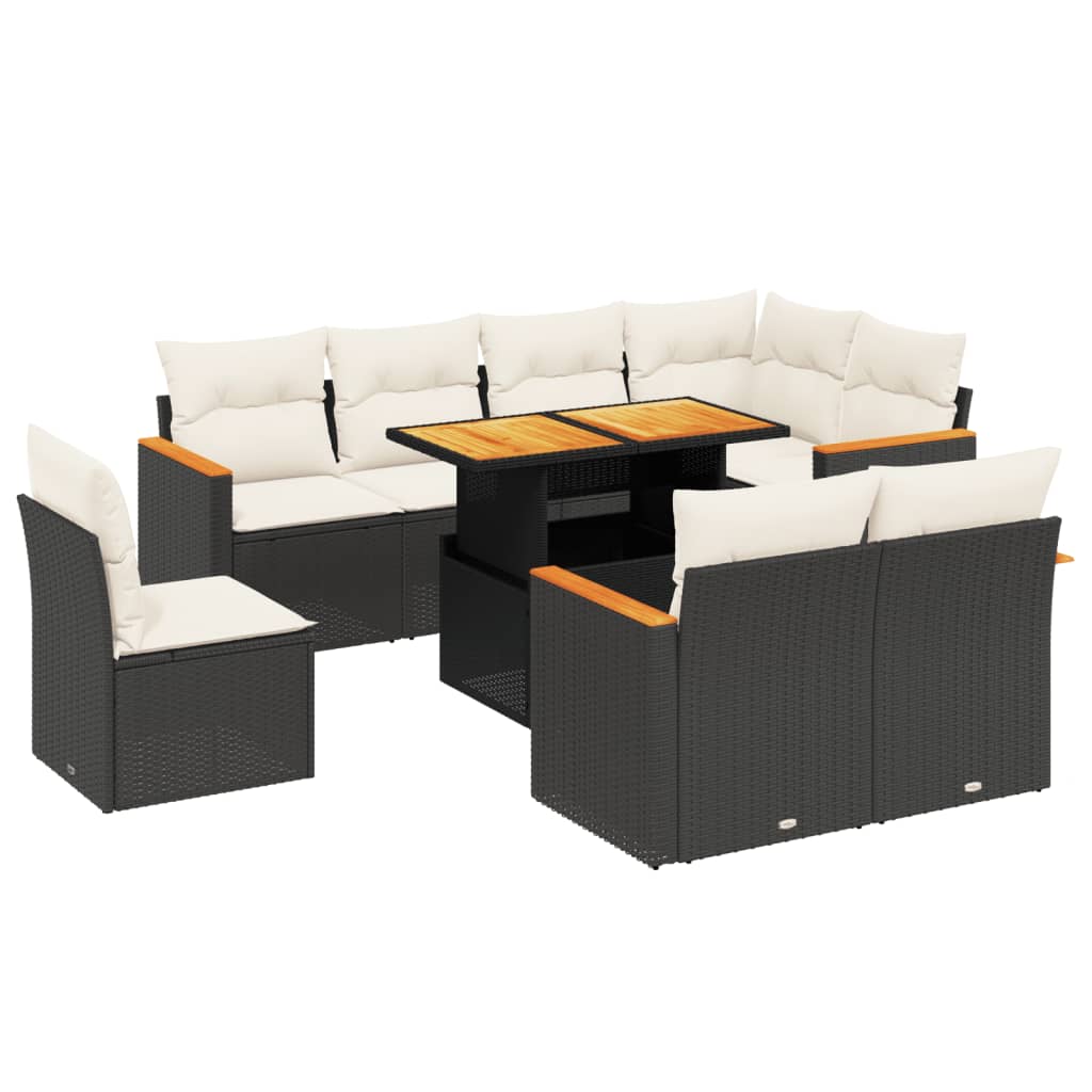 Set mobilier de grădină cu perne, 9 piese, negru, poliratan - Lando