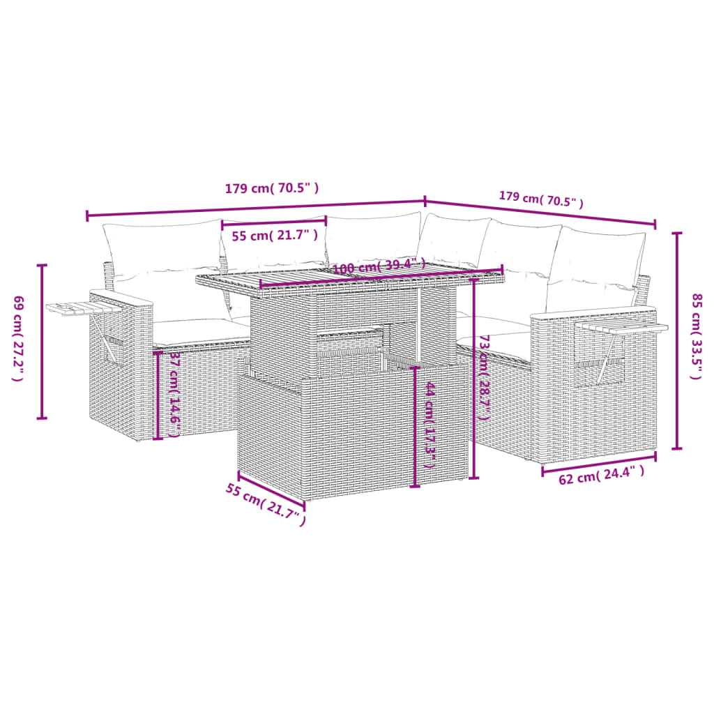 Set mobilier de grădină cu perne, 6 piese, negru, poliratan - Lando