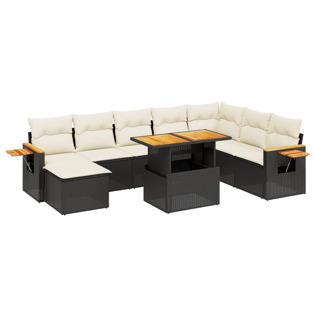 Set mobilier de grădină cu perne, 9 piese, negru, poliratan