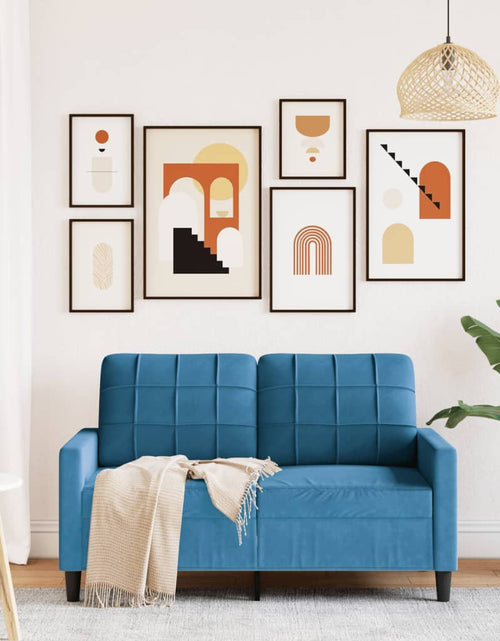 Încărcați imaginea în vizualizatorul Galerie, Canapea cu 2 locuri, albastru, 120 cm, catifea
