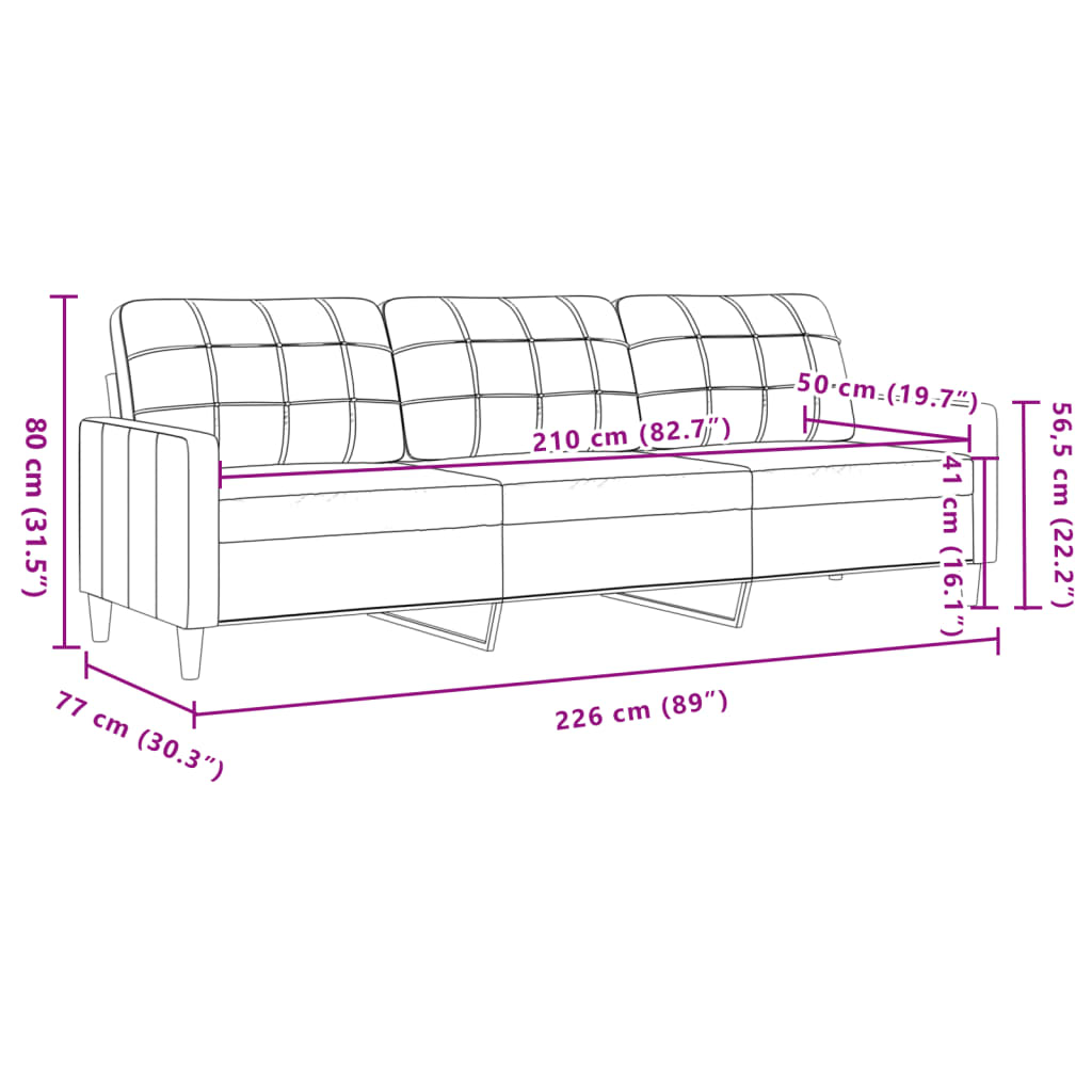 Canapea cu 3 locuri, gri deschis, 210 cm, material catifea