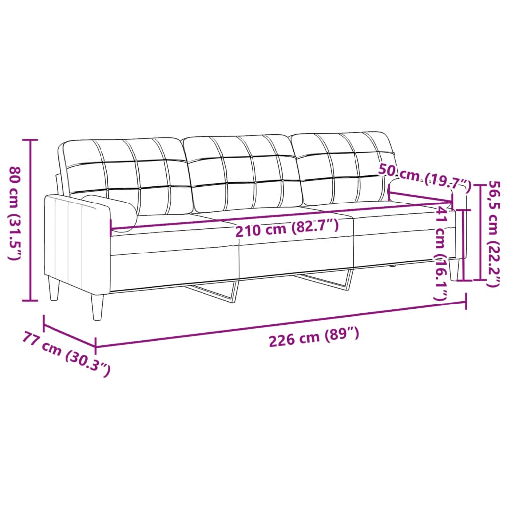 Canapea cu 3 locuri cu pernuțe, maro, 210 cm, textil