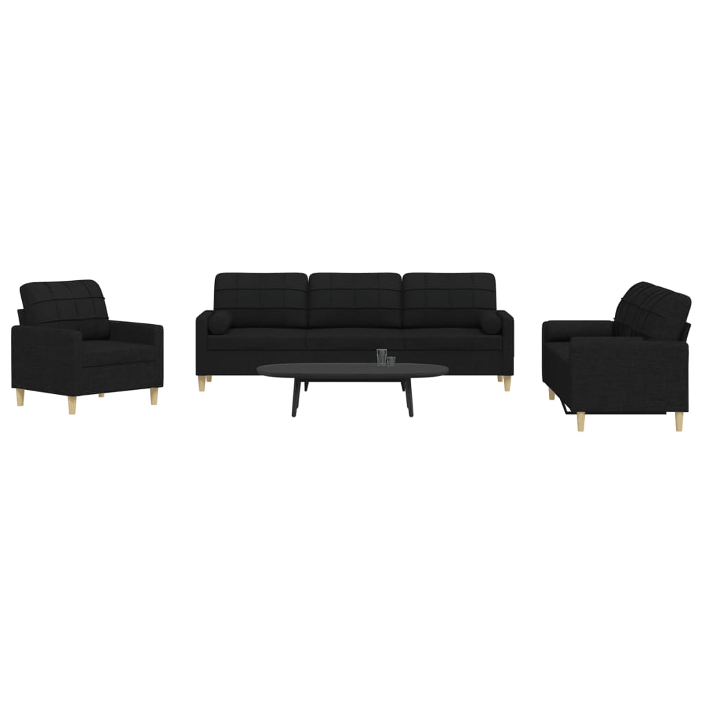 Set de canapele cu perne decorative, 3 piese, negru, textil