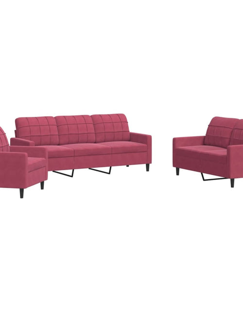 Încărcați imaginea în vizualizatorul Galerie, Set canapea cu perne, 3 piese, roșu vin, catifea
