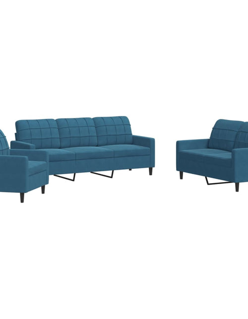 Încărcați imaginea în vizualizatorul Galerie, Set de canapele cu perne, 3 piese, albastru, catifea
