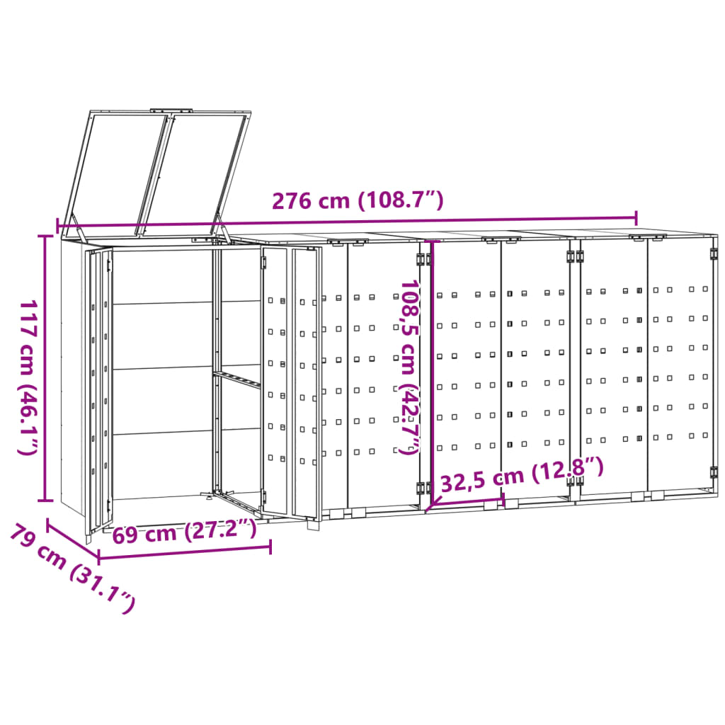 Depozitare coș gunoi roți 4 coșuri antracit 276x79x117 cm oțel