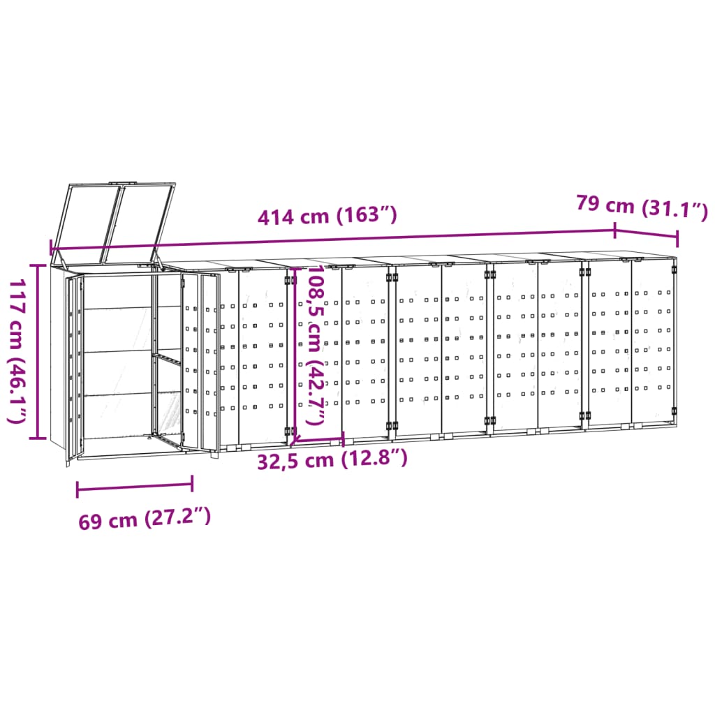 Depozitare coș gunoi roți 6 coșuri antracit 414x79x117 cm oțel