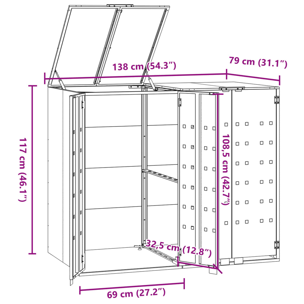 Depozitare coș gunoi cu roți 2 coșuri gri 138x79x117 cm oțel