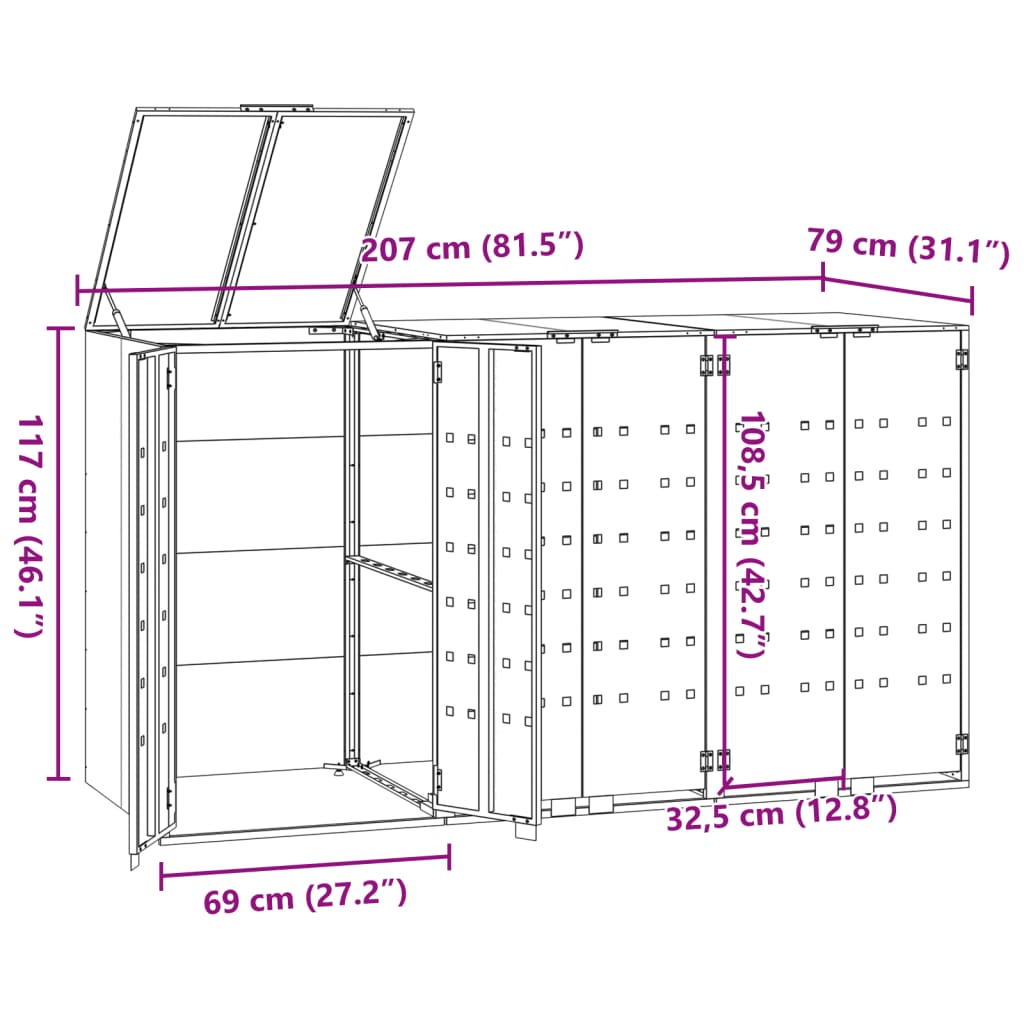 Depozitare coș gunoi cu roți 3 coșuri gri 207x79x117 cm oțel