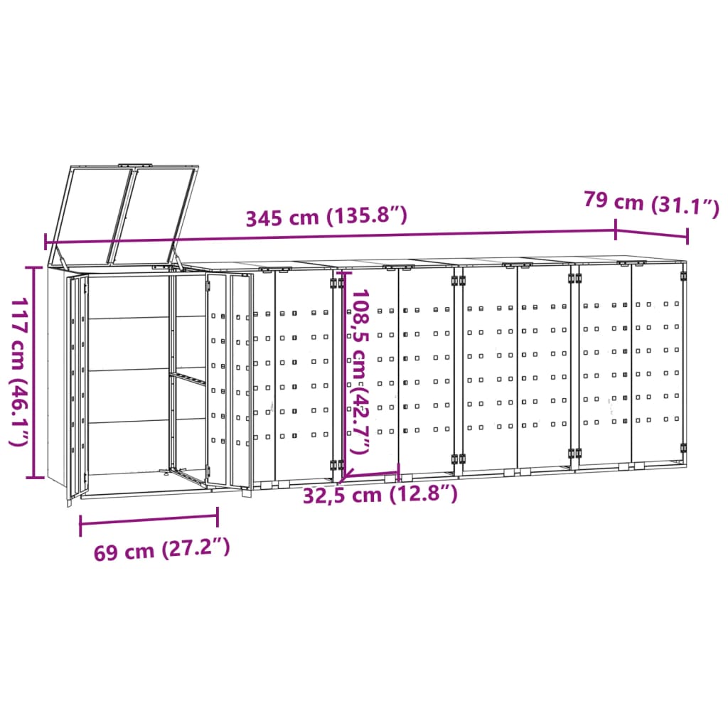 Depozitare coș gunoi cu roți 5 coșuri gri 345x79x117 cm oțel