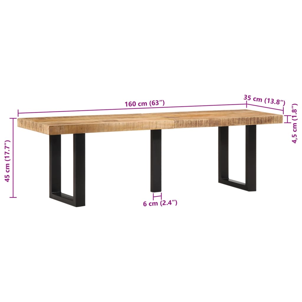 Bancă, 160 cm, lemn masiv de mango nefinisat și oțel