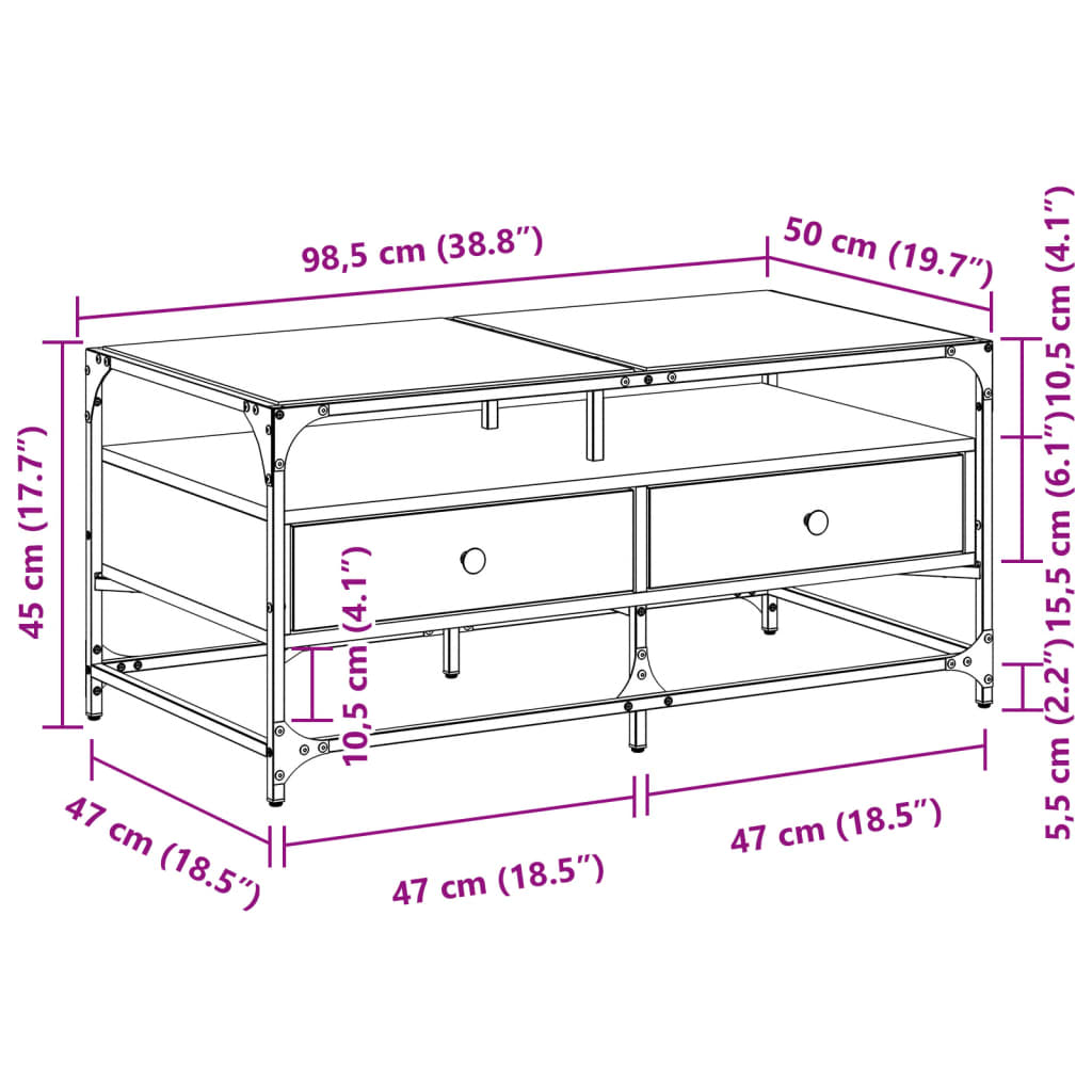 Măsuță de cafea cu blat din sticlă gri sonoma 98,5x50x45cm oțel